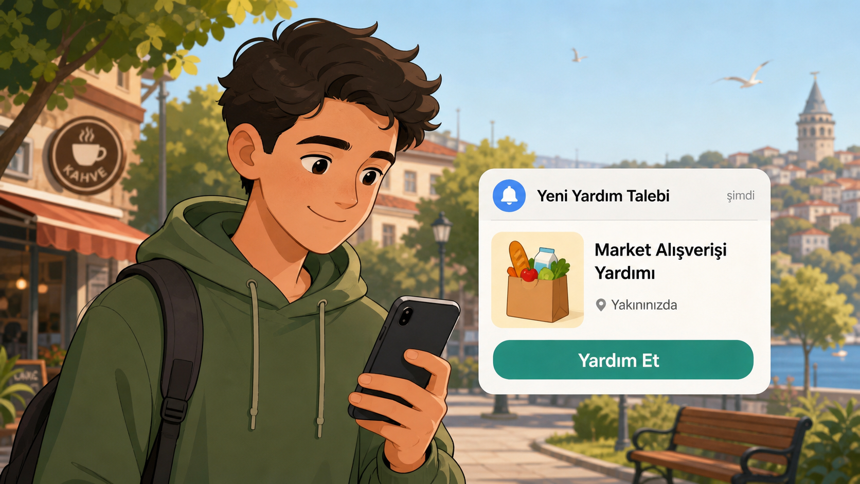 Yakindaki yardim talebini telefonunda goren genc kullanici